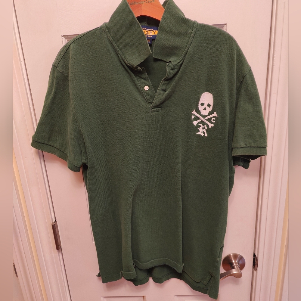 Rare Men's Rugby By Ralph Lauren Green Polo with White Skull Size XL